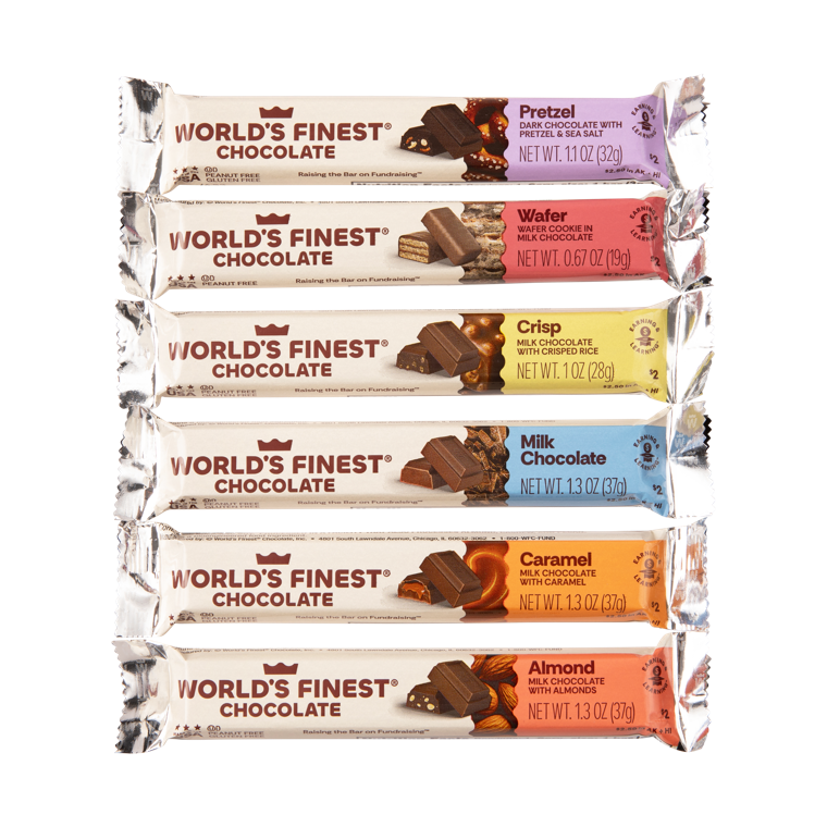 World's Finest Chocolate bars: Pretzel, Wafer, Crisp, Milk Chocolate, Caramel and Almond